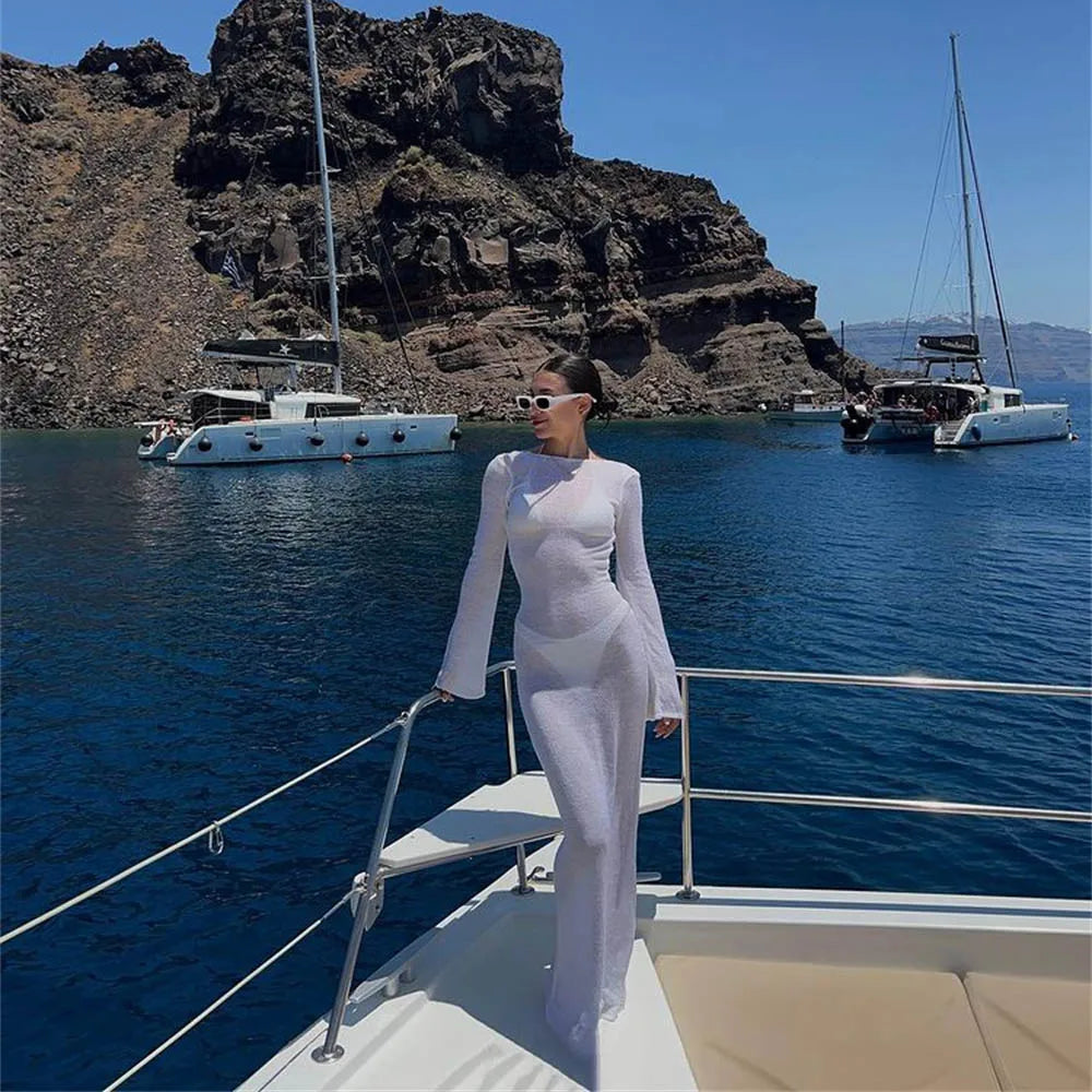 Fashion Women Wrapped Dress Long Sleeve Round Neck See Through Sunscreen Solid Color Backless Beach Long Dress Summer Cover Up - Smarsty
