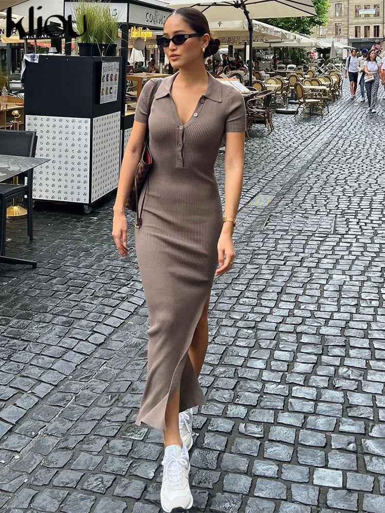 Kliou Elegant Office Lady Maxi Dress Women Solid Fashion Turn-down Collar Short Sleeve Button Side Slit Body-Shaping Street Robe - Smarsty