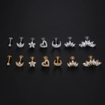Heart Flower Cartilage Earrings Stainless Steel Zircon - Smarsty