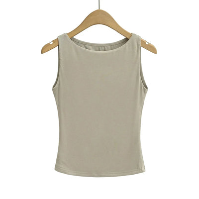 Women Double Layer Boat Neck Soft Slinky Tank Top - Smarsty