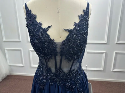 Spaghetti Straps Navy Blue A Line Evening Dresses 2025 Elegant Beaded Appliques Illusion Prom Gowns Formal Party Vestido De Gala - Smarsty