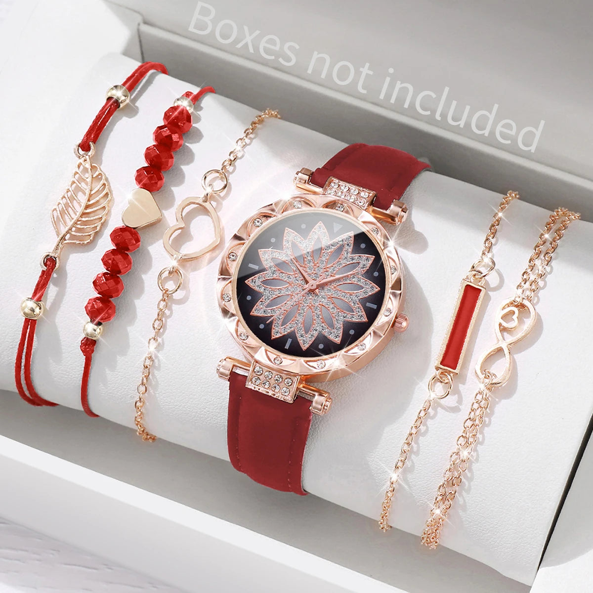 Fashion Heart Dial Women's Watch Set with Leather Band - Smarsty