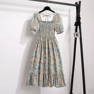 Spring Summer Chiffon Dresses Fashion Female Elastic Waist Short Sleeve Pleated Casual Dress Women A-line Dresses Vestidos - Smarsty