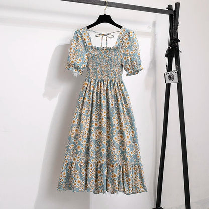 Spring Summer Chiffon Dresses Fashion Female Elastic Waist Short Sleeve Pleated Casual Dress Women A-line Dresses Vestidos - Smarsty