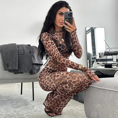 Hugcitar Leopard Print Mesh Long Sleeve Sexy Slim  See Through Maxi Dress Fall Women Fashion Outfits Beach Vacation Club