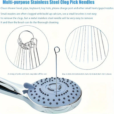 10 Stainless Steel Needle Shower Head Cleaning Brush Set, Suitable for Multi Size Shower Heads,bathroom Accessory Cleaning Tools - Smarsty