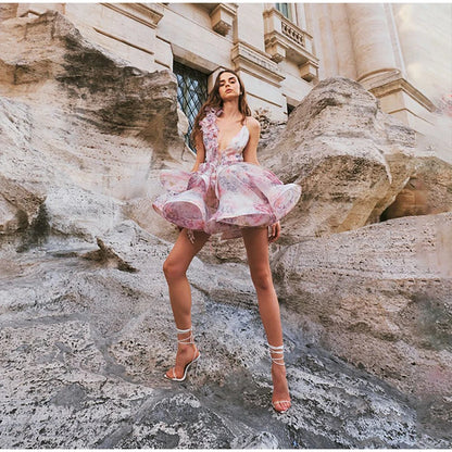 Backless Party Dress Women Elegant 3D Flower Print Sling Lace Up Ruffle A-line Mini Evening Dresses Female 2025 Summer Swimwears - Smarsty