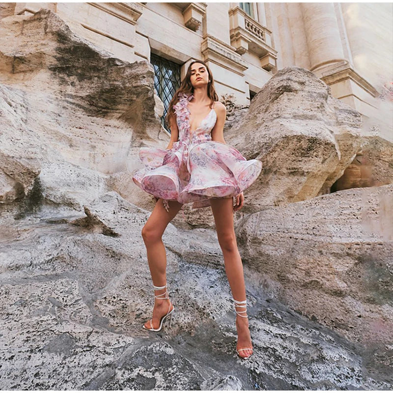 Backless Party Dress Women Elegant 3D Flower Print Sling Lace Up Ruffle A-line Mini Evening Dresses Female 2025 Summer Swimwears - Smarsty