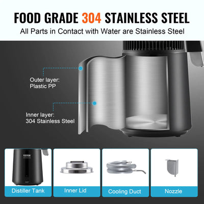 SucceBuy Water Distiller 4L 1.05 Gallon Pure Water Purifier Filter Countertop 750W Distilled Water MakerInterior Distiller