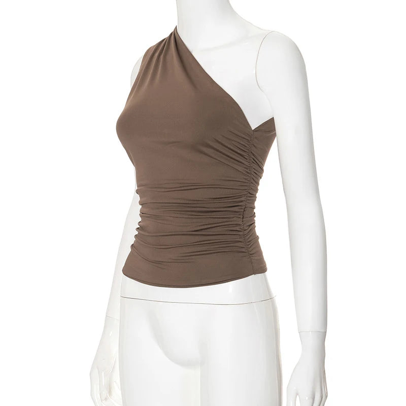 Solid Color One Shoulder Backless Shrink Tank Top T-Shirt Candy Color Tight Sexy Sleeveless Neckless Slim Casaul Top