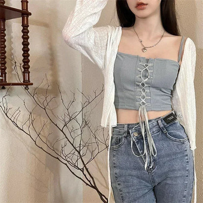 White Tie Up Summer Cardigan Women Sexy Long Sleeve Sheer Mesh Crop Tops Woman Chic All Match Short Printed T Shirt Mujer - Smarsty