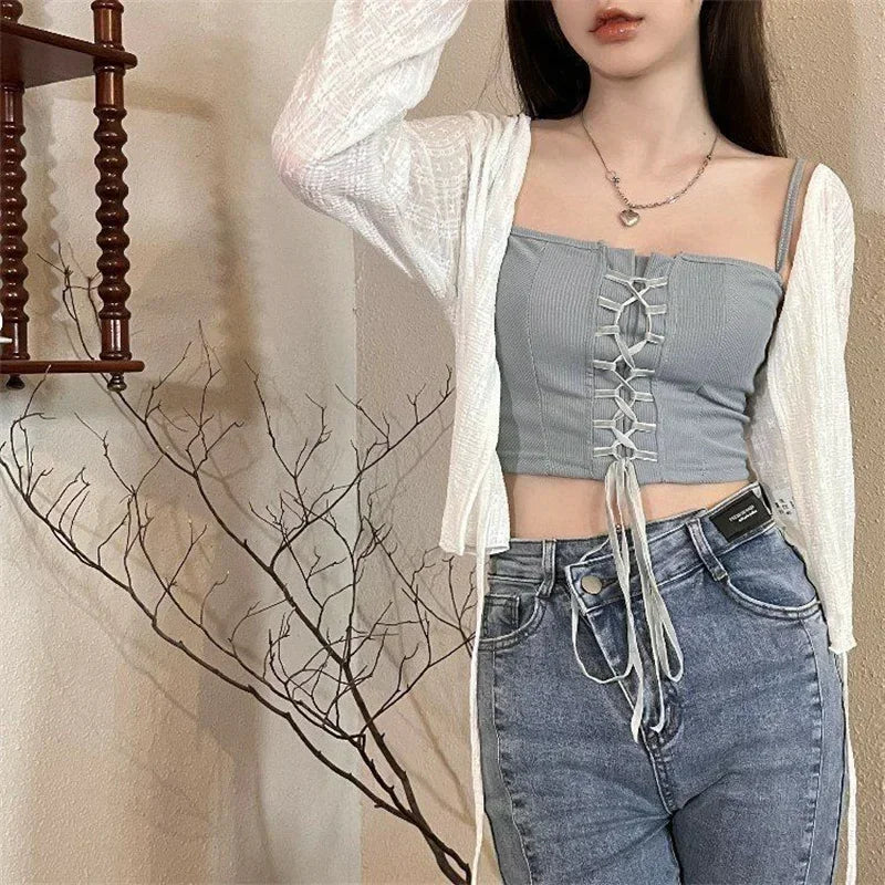 White Tie Up Summer Cardigan Women Sexy Long Sleeve Sheer Mesh Crop Tops Woman Chic All Match Short Printed T Shirt Mujer - Smarsty