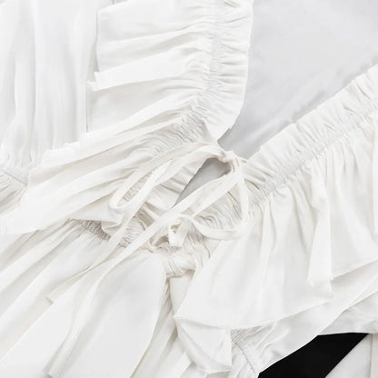Tossy Ruffled V-Neck White Mini Dress Female Patchwork Long Sleeve Elegant Bandage Fashion Dress High Waist Lace-Up Women Dress - Smarsty