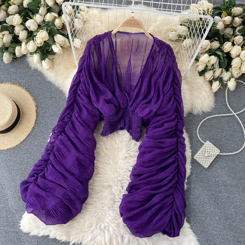Women Sexy Chiffon Short Blouse Female See Through Super Long Sleeve Blusas Purple/Green/Black/White Folds Party Tops 2022 New - Smarsty
