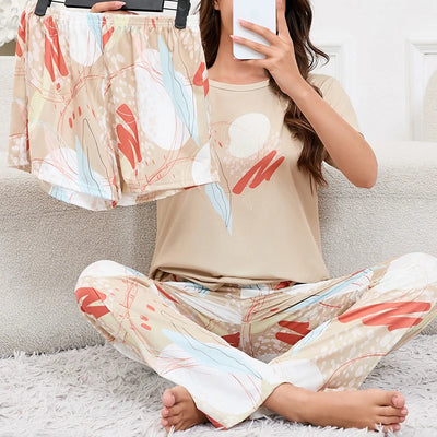 Women's Short Sleeve Crew Neck Top With Shorts And Pants 3 Piece Loungewear Sleepwear Lounge Sets Nighty Print Casual Pajama Set - Smarsty