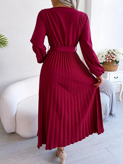 Women Elegant V Neck Long Sleeve Pleated Maxi Dress - Smarsty