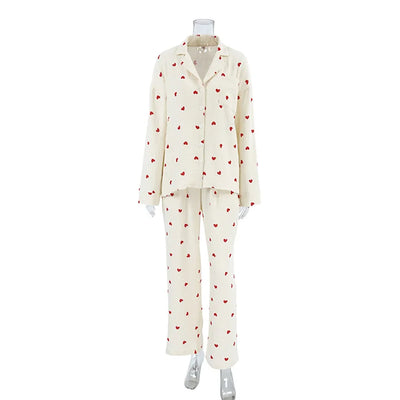 Summer New Love Heart Print Pyjama 100% Cotton Long Sleeve Set 2Pcs Outfit Lapel Sleepwear Button Down Women's Pajamas Nightwear - Smarsty