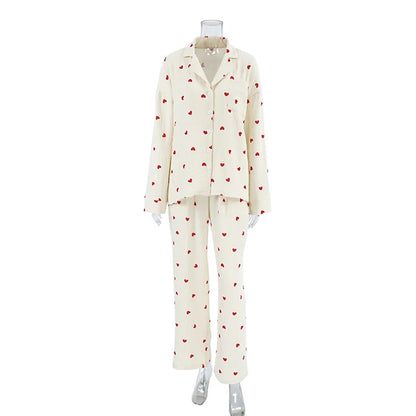 Summer New Love Heart Print Pyjama 100% Cotton Long Sleeve Set 2Pcs Outfit Lapel Sleepwear Button Down Women's Pajamas Nightwear - Smarsty