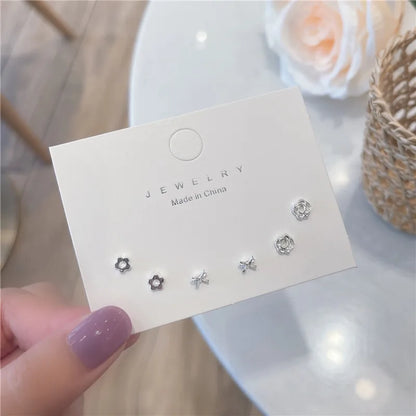 4 Pair Silver Heart Stud Earrings Set Cute Gift Everyday - Smarsty