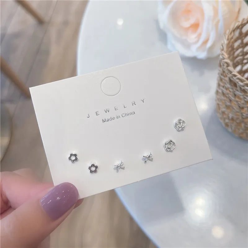 4 Pair Silver Heart Stud Earrings Set Cute Gift Everyday - Smarsty