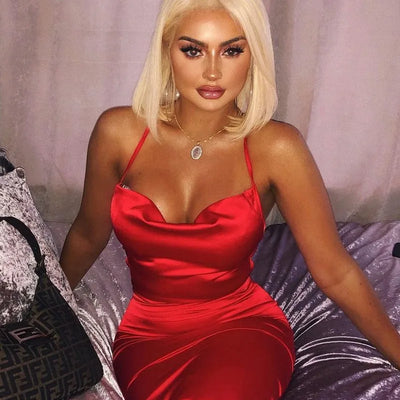 Neon Satin Lace Up Women's Long Midi Dress Light Pink Bodycon Backless Elegant Party Sexy Club Clothes 2022 Summer Dinner Outfit - Smarsty