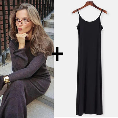 Hirsionsan Spring Autumn O-Neck Elastic Knit Long Dresses Women 2024 Elegant Chic Soft Lady Hollowing Sweater Dresses Femme New - Smarsty