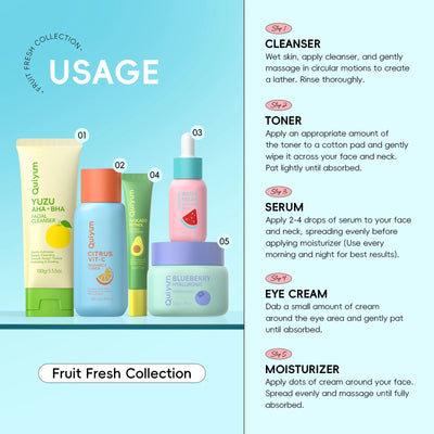 QUIYUM Fruit Fresh Collection 5-Piece Skincare Set Brightening Hydrating Anti-Age Facial Care for Dry Dull Skin
