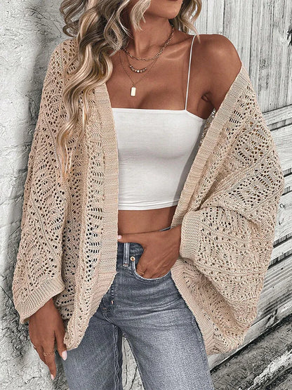 Polyester 100.00% solid color camisole knit cardigan elegant front open bat wing sleeve loose cardigan for women - Smarsty