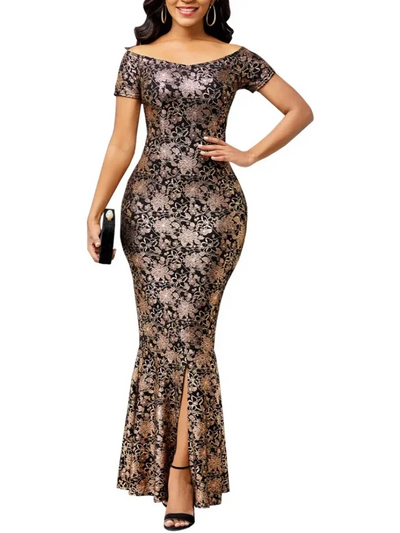 Women Dress Elegant Flower Party Dress Off the Shoulder Short Sleeve Slit Maxi Long Dresses for Woman - Smarsty