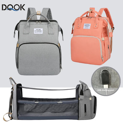 Folding Mommy Bag Lightweight Portable Folding Crib Bed Large-capacity Baby Backpack Female Mommy Outting Bag Mummy Bag by Smarsty