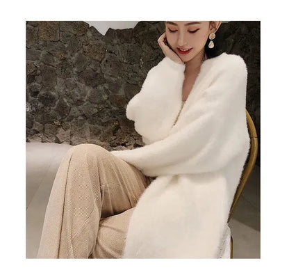 white Long Cardigan for women 2025 new winter clothes Knitted fluffy long sleeve Cashmere sweater coat korean style warm vintage - Smarsty