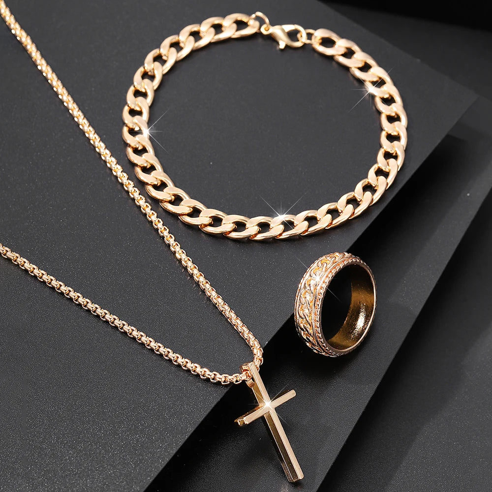 Men's 3 Piece Alloy Jewelry Set with Cross Pendant - Smarsty