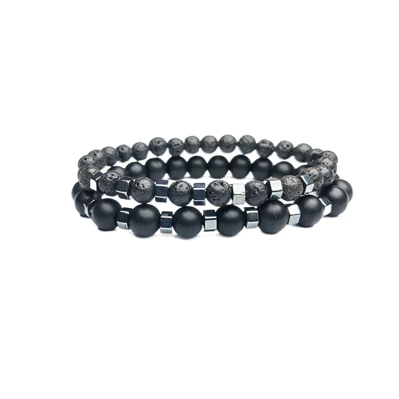 Frosted Black Volcanic Stone Men’s Bracelet Set - Smarsty