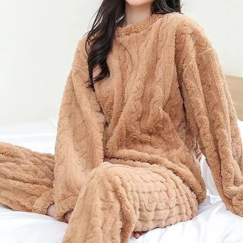 Autumn Women Solid Warm 2 Piece Sets Thicken Velvet Ribbed Fleece Set Pullover And Pants Women Casual Pajama Sets 2024 - Smarsty