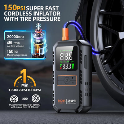 4-IN-1 Car Jump Starter with Air Compressor Peak 5000A Auto Battery Booster 150PSI Air Pump Portable Power Bank Tire Inflator - Smarsty