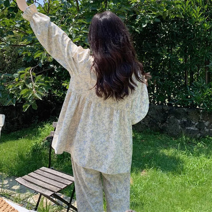 Women Plus Size Pajamas Garden Style Student Homewear Two-Piece Korean Version of the Bow Can Be Worn Outside Long-Sleeved women - Smarsty