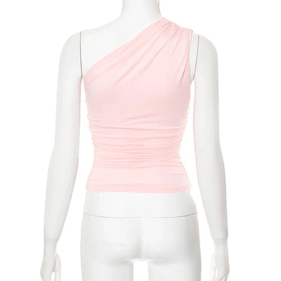Solid Color One Shoulder Backless Shrink Tank Top T-Shirt Candy Color Tight Sexy Sleeveless Neckless Slim Casaul Top - Smarsty