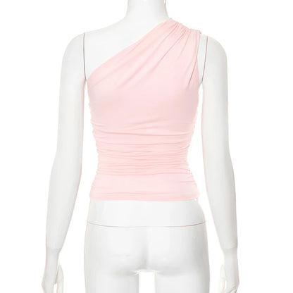 Solid Color One Shoulder Backless Shrink Tank Top T-Shirt Candy Color Tight Sexy Sleeveless Neckless Slim Casaul Top