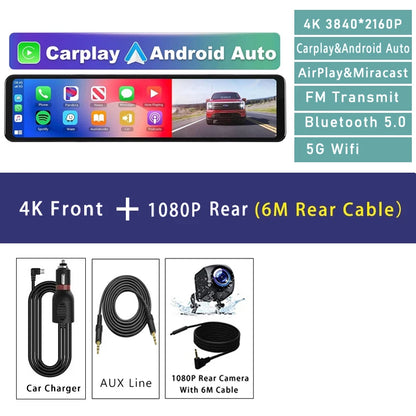4K Dash Cam with GPS WiFi CarPlay Android Auto Mirror - Smarsty
