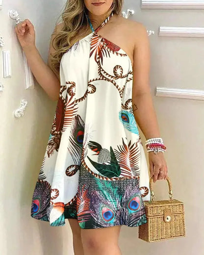 Tropical Print Halter Neck Dress, Vacation Style Backless Dress For Spring & Summer, Women's Clothing - Smarsty