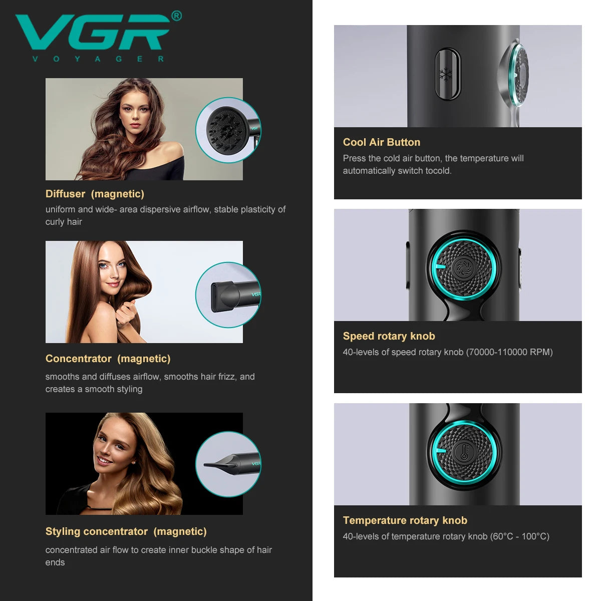Professional VGR Hair Dryer with Hot and Cold Settings - Smarsty