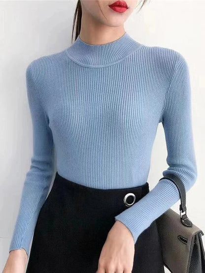Autumn Winter Mock Neck Women Sweater Vintage Basic Solid Knitted Tops Casual Slim Pullover Korean Sweaters Simple Chic Jumpers - Smarsty