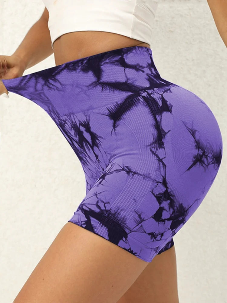 Tie Dye Multi Color Sports Shorts, High Waist Butt Lifting Training Shorts, Running Cycling Pants, Women's Activewear - Smarsty