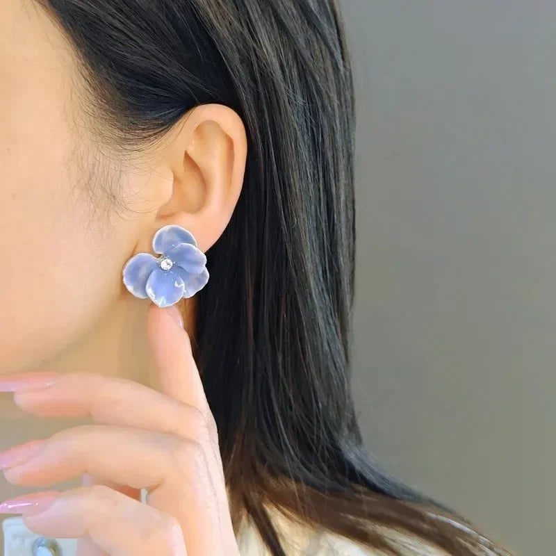 Enamel Flower Stud Earrings Cute Crystal Five Petal - Smarsty