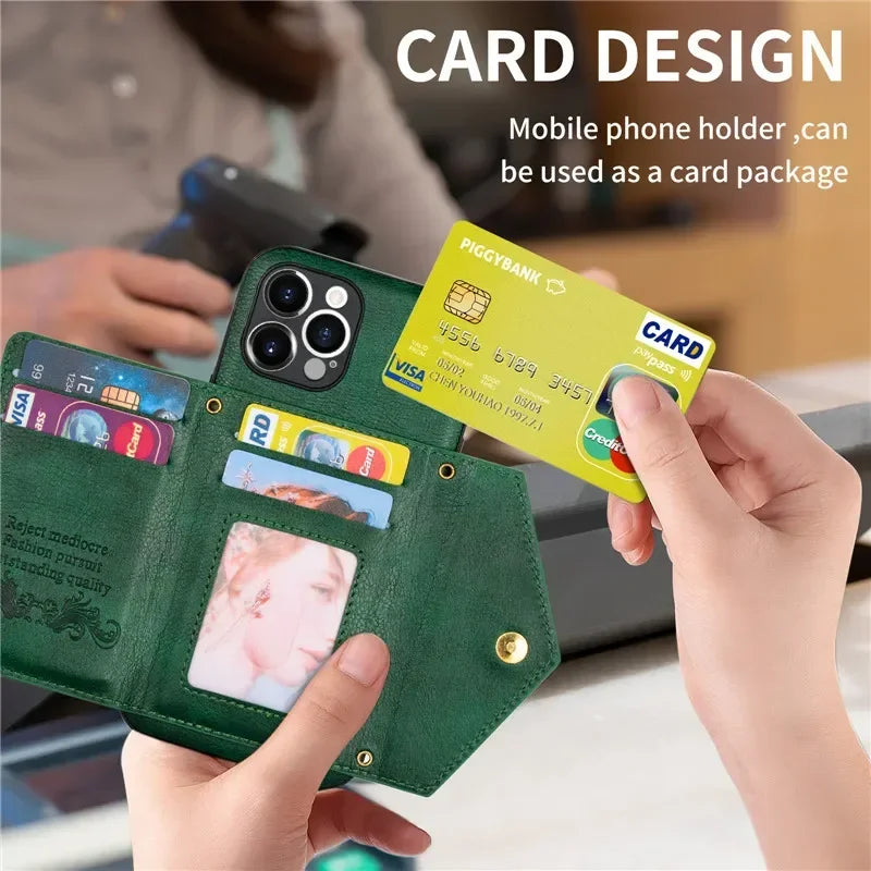 Zipper Wallet Phone Case For iPhone 14 13 12 11 X XS XR Leather Card Back Crossbody Strap Leather Magnetic Wallet Phone Case by Smarsty