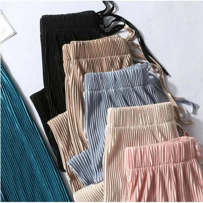 Women Fashion Summer Wide Leg Pants Pleated Ice Silk Trousers Elastic Waist Loose Casual Pants - Smarsty
