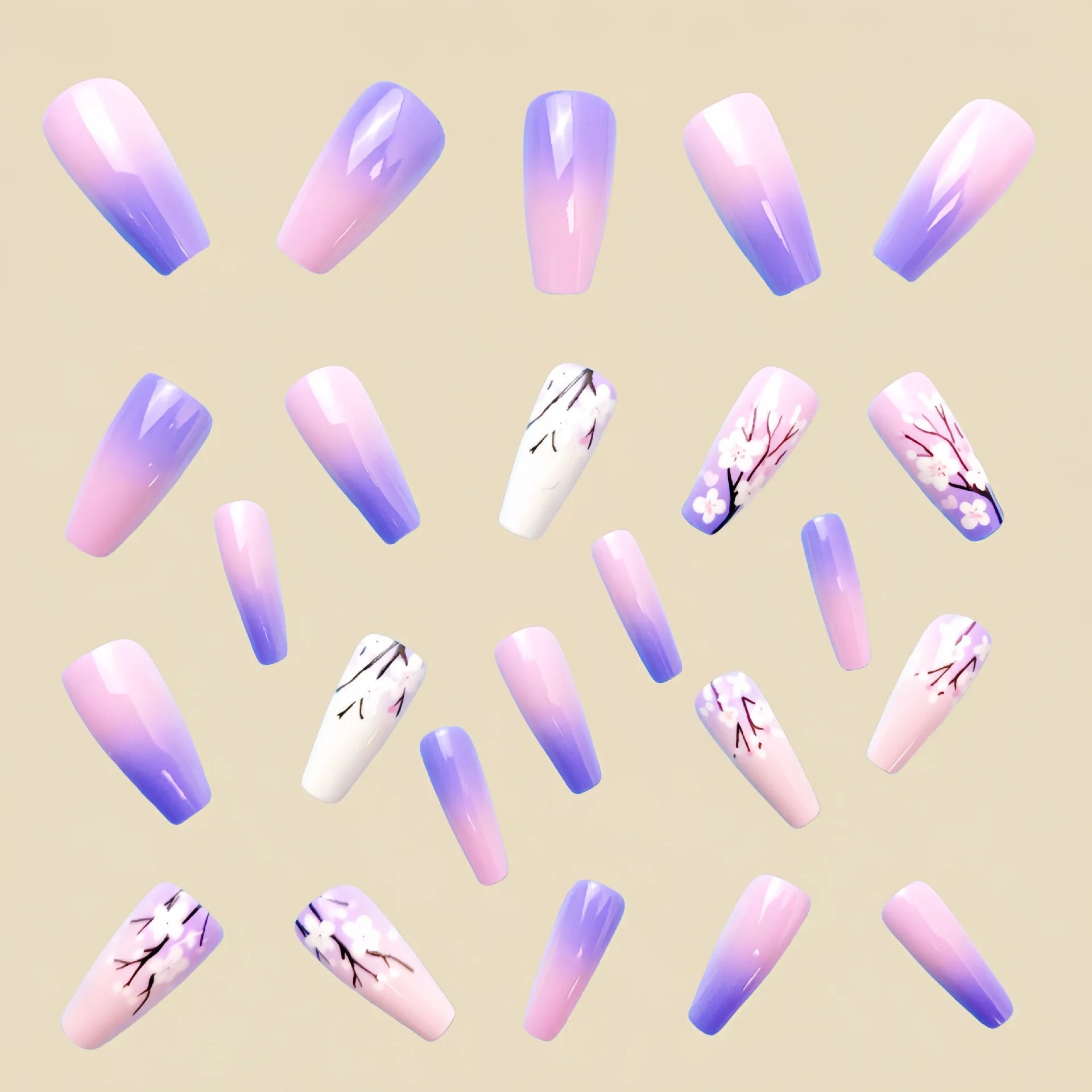 24 Piece Set Medium Long Press On Nails with Peach Flower Design - Smarsty