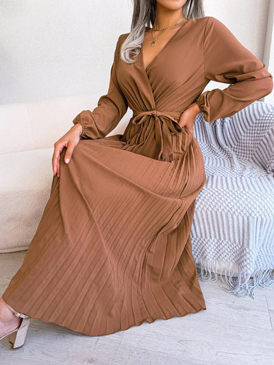 Women Elegant V Neck Long Sleeve Pleated Maxi Dress - Smarsty