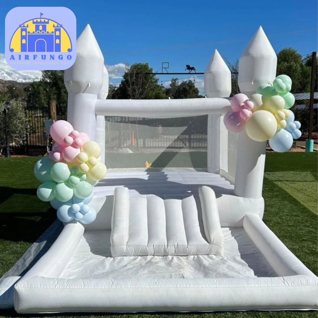 Kids 8x13x8ft Soft Play White Bounce House With Slide Ball Pit Party Customization Inflatable Mini Bouncy Castle With Blower
