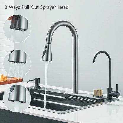 Large 304 Stainless Steel Waterfall Kitchen Sink with Faucet - Smarsty